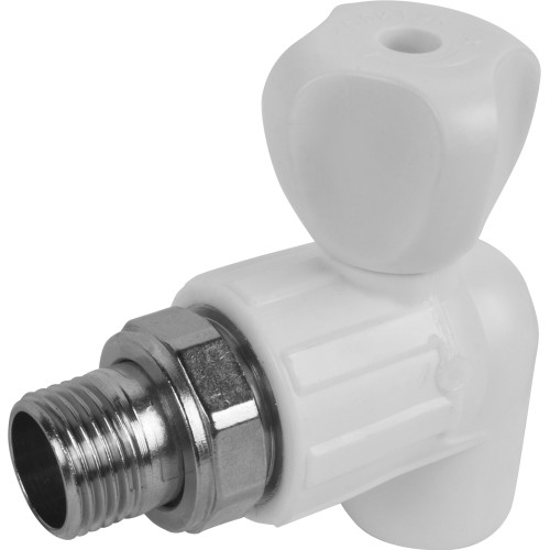 Кран полипропиленовый PP-R запорный угловой стандартнопроходной НР белый для радиатора Ру 25 VALFEX 20 мм 1/2" ГОСТ 32415-2013 в Перми